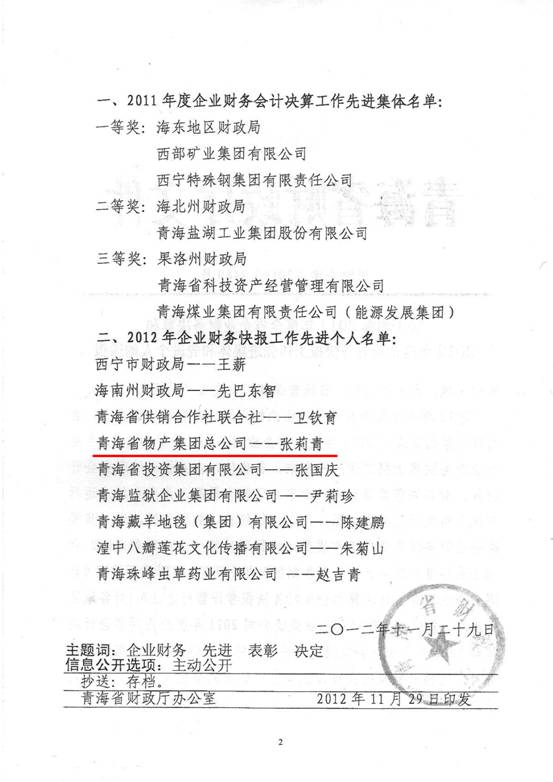 物產(chǎn)集團榮獲2011年度財務(wù)決算先進單位、2012年度財務(wù)快報工作先進個人表彰
